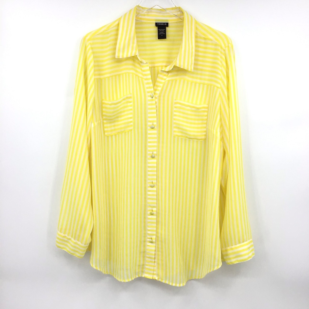 Torrid Yellow White Stripe Button Down Semi Sheet Shirt - Picture 1 of 14